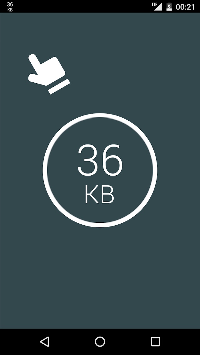 A circular speed readout on the home screen showing 36 KB, with the same figure repeated in the status bar.
